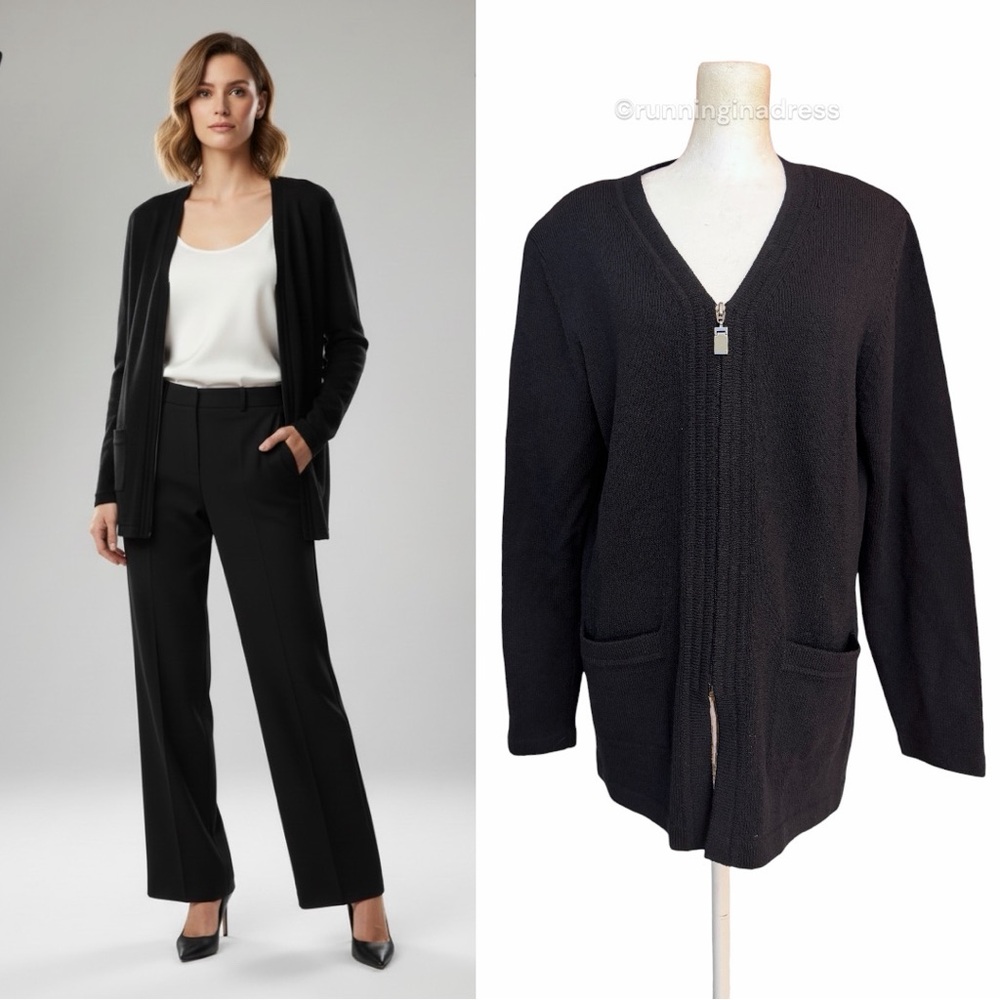 Vintage 80s High End Knit Black Cardigan Sweater Partial Zip Jacket